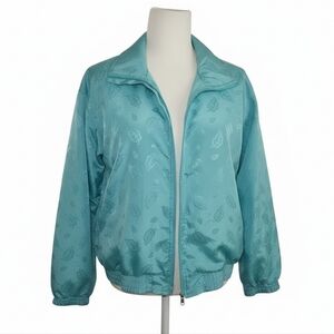 Vintage Teal Satin Bomber Jacket Women's Petite Large L Leaf Embossed 90s Retro